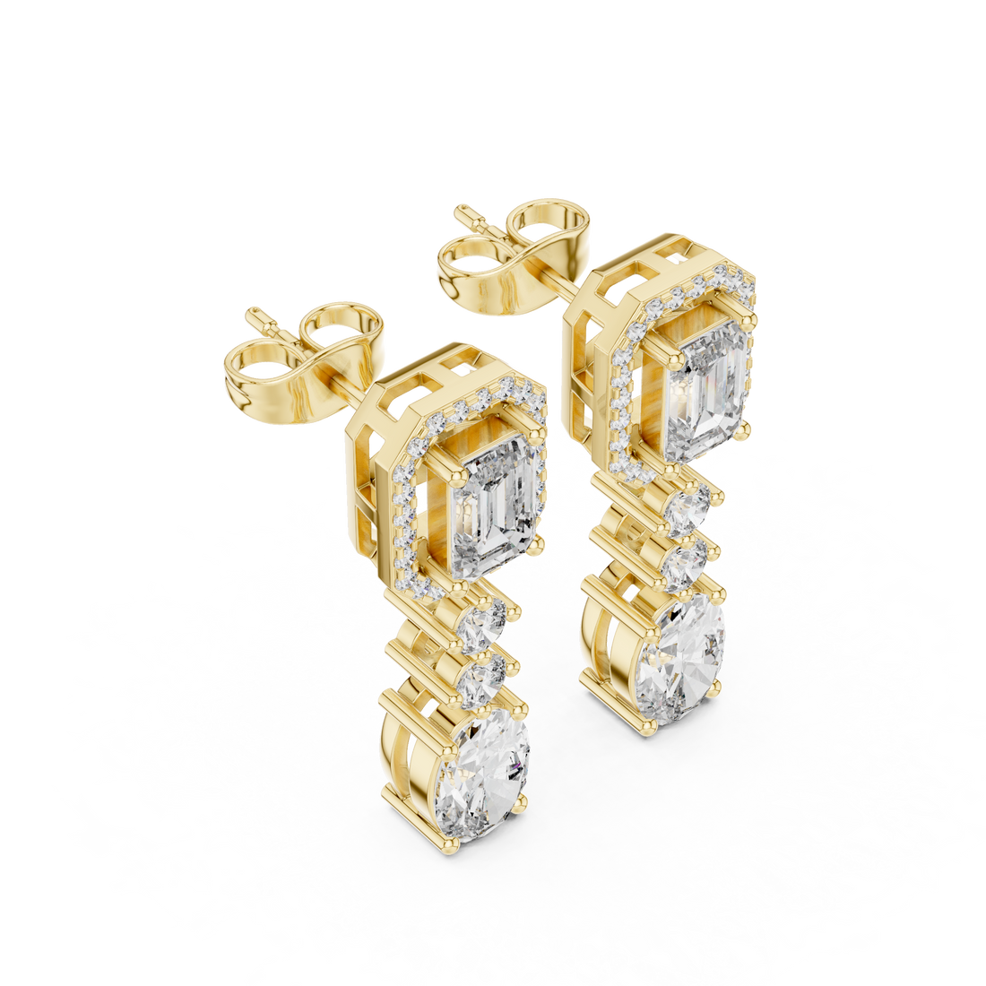 Emerald Halo and Oval Diamond Three Stone Drop Earrings