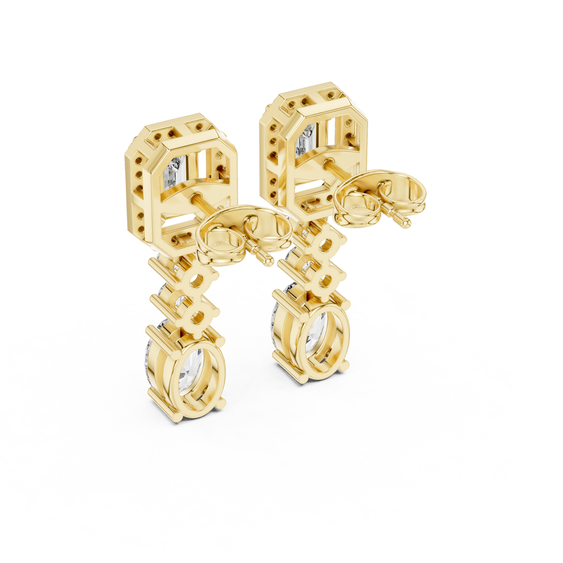 Emerald Halo and Oval Diamond Three Stone Drop Earrings