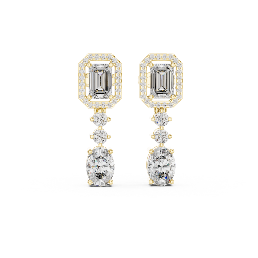 Emerald Halo and Oval Diamond Three Stone Drop Earrings