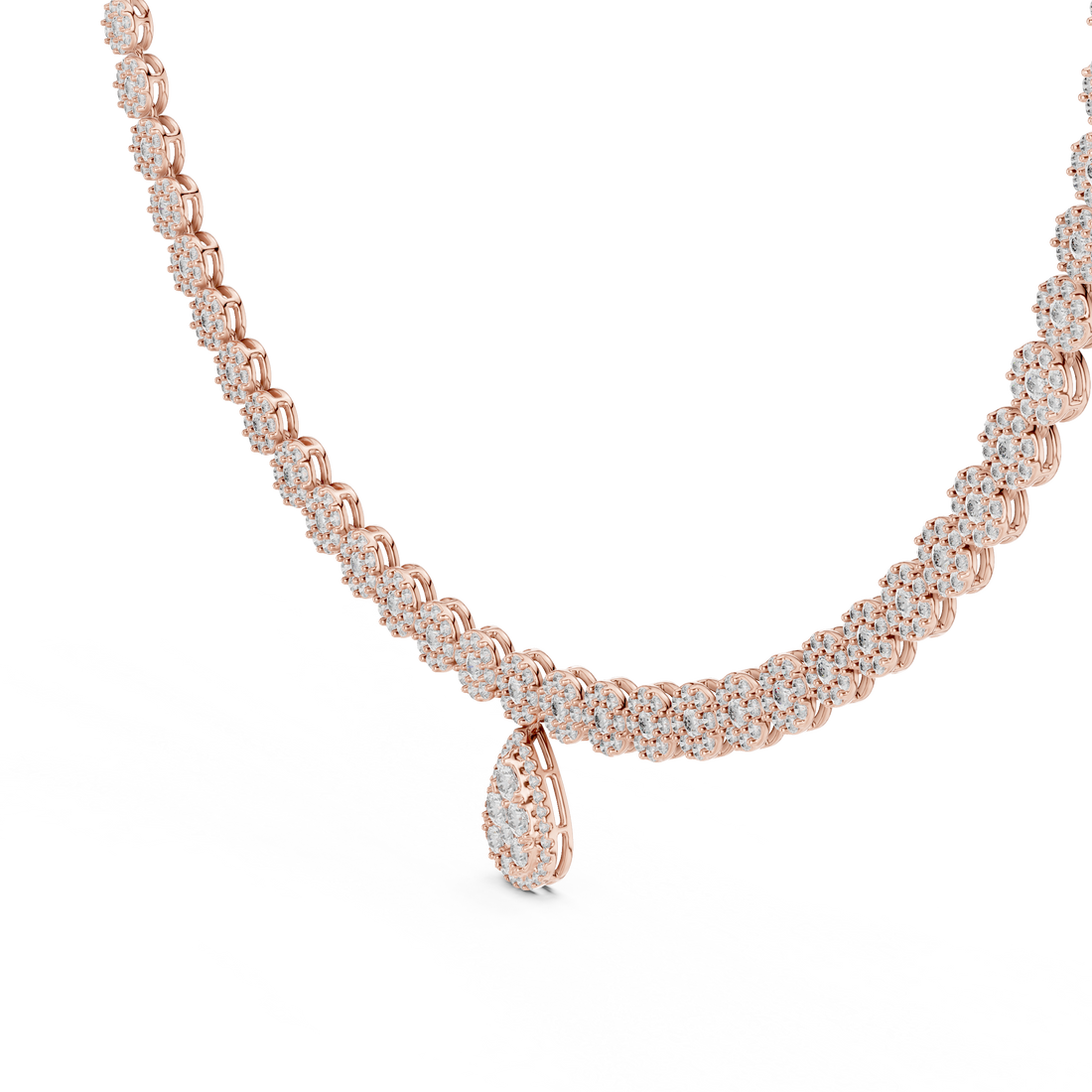 Round Diamond Pavé Disc Chain Necklace with Pear Drop Pendant