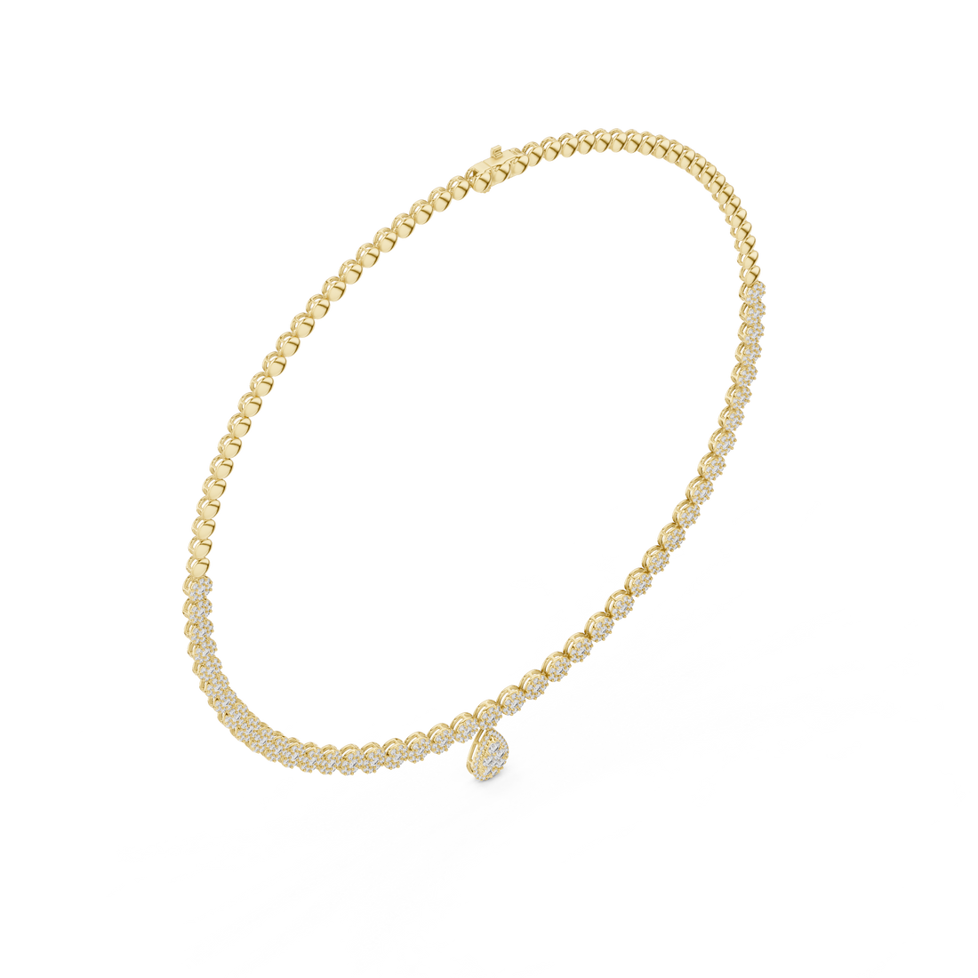 Round Diamond Pavé Disc Chain Necklace with Pear Drop Pendant