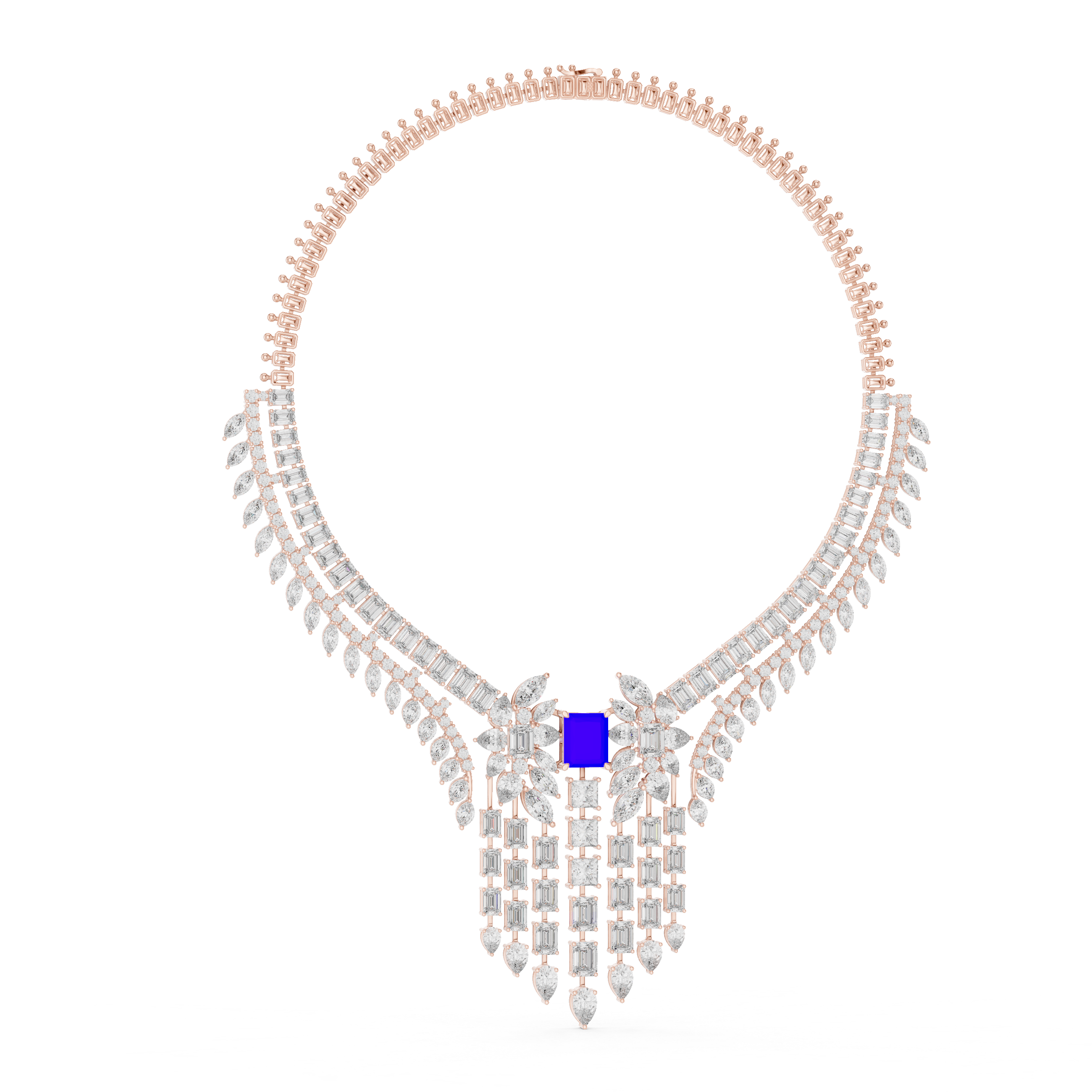 Emerald Cut and Marquise Diamond Fringe Statement Necklace with Radiant Blue Center Stone