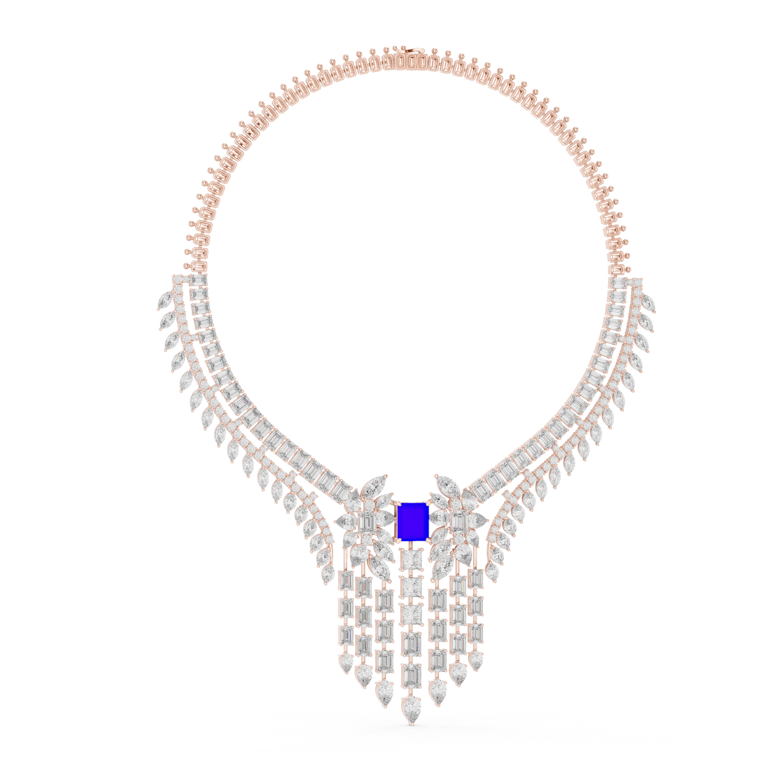 Emerald Cut and Marquise Diamond Fringe Statement Necklace with Radiant Blue Center Stone