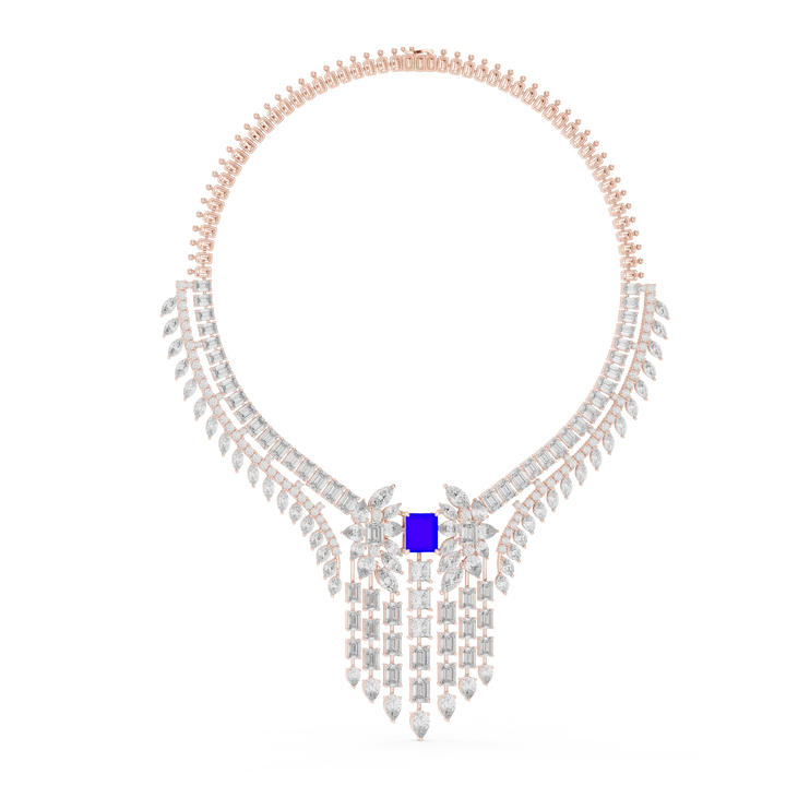 Emerald Cut and Marquise Diamond Fringe Statement Necklace with Radiant Blue Center Stone