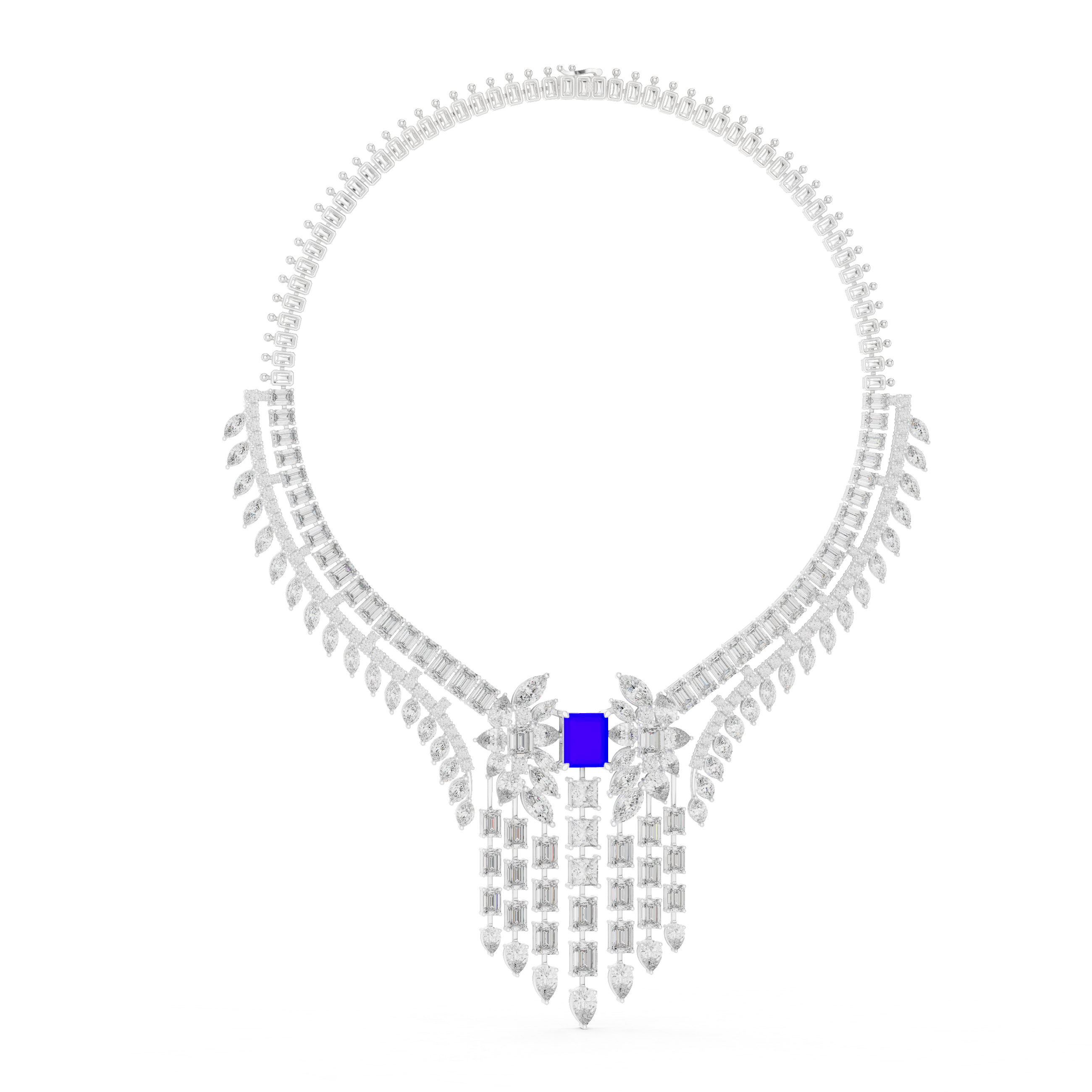 Emerald Cut and Marquise Diamond Fringe Statement Necklace with Radiant Blue Center Stone