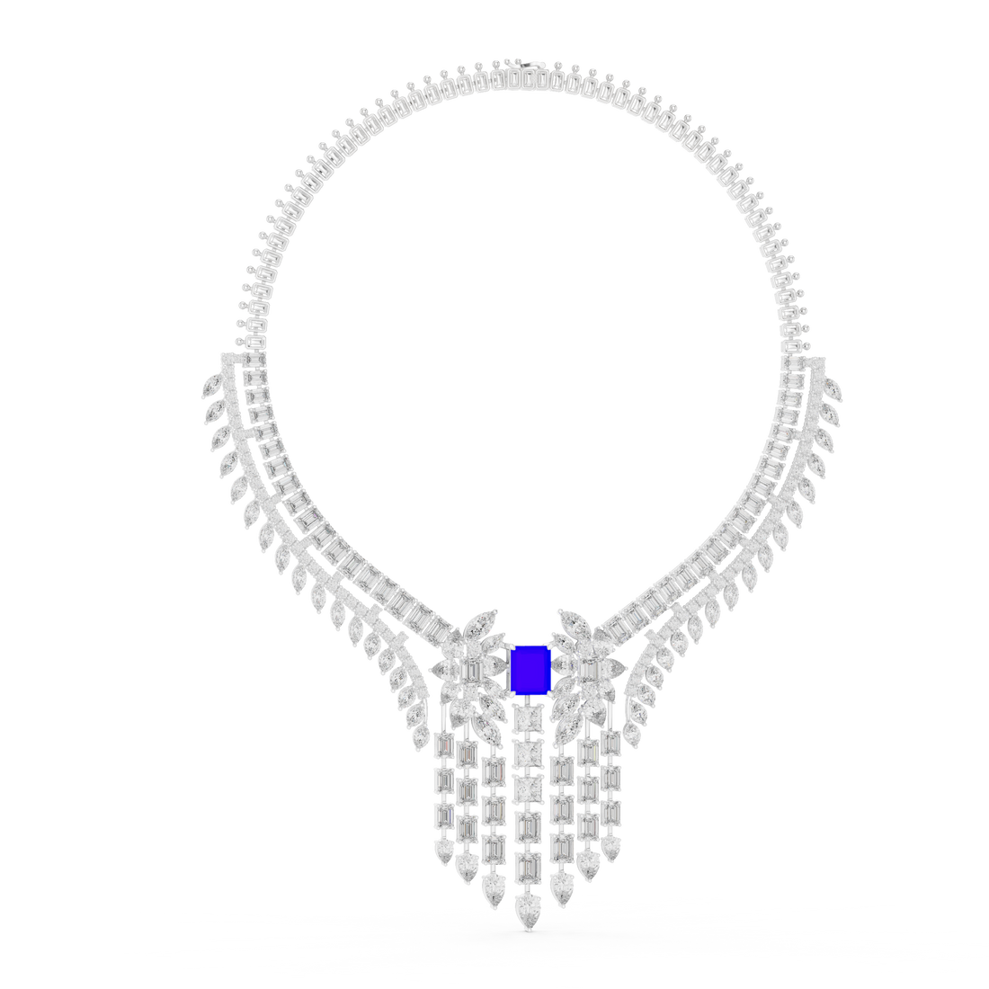 Emerald Cut and Marquise Diamond Fringe Statement Necklace with Radiant Blue Center Stone