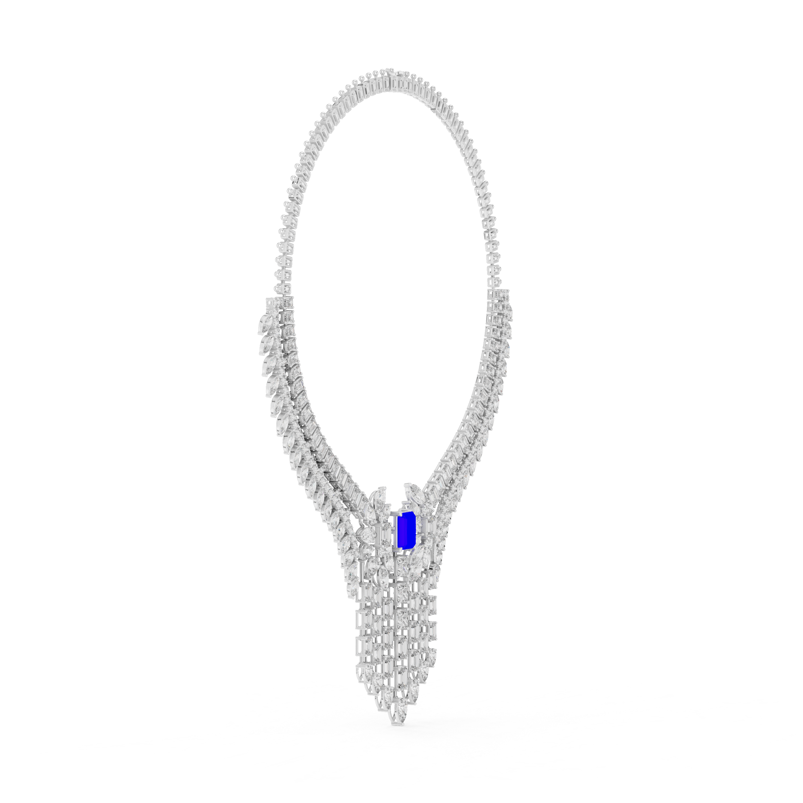 Emerald Cut and Marquise Diamond Fringe Statement Necklace with Radiant Blue Center Stone