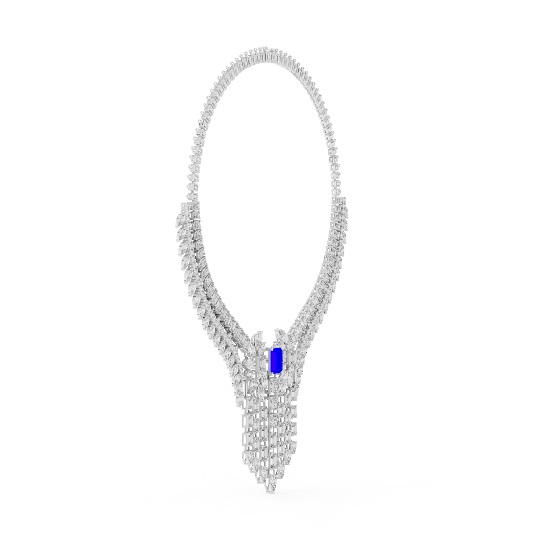 Emerald Cut and Marquise Diamond Fringe Statement Necklace with Radiant Blue Center Stone