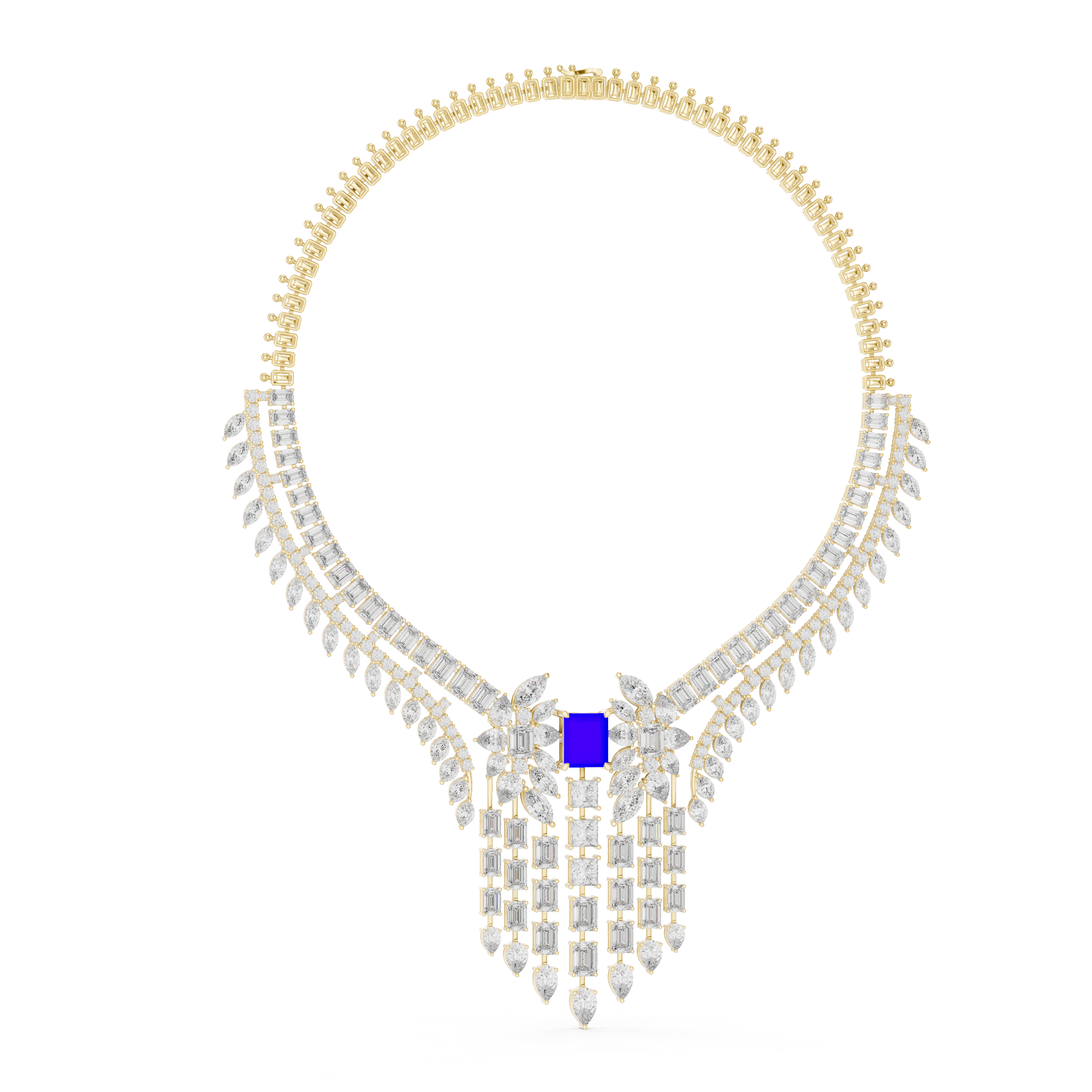 Emerald Cut and Marquise Diamond Fringe Statement Necklace with Radiant Blue Center Stone