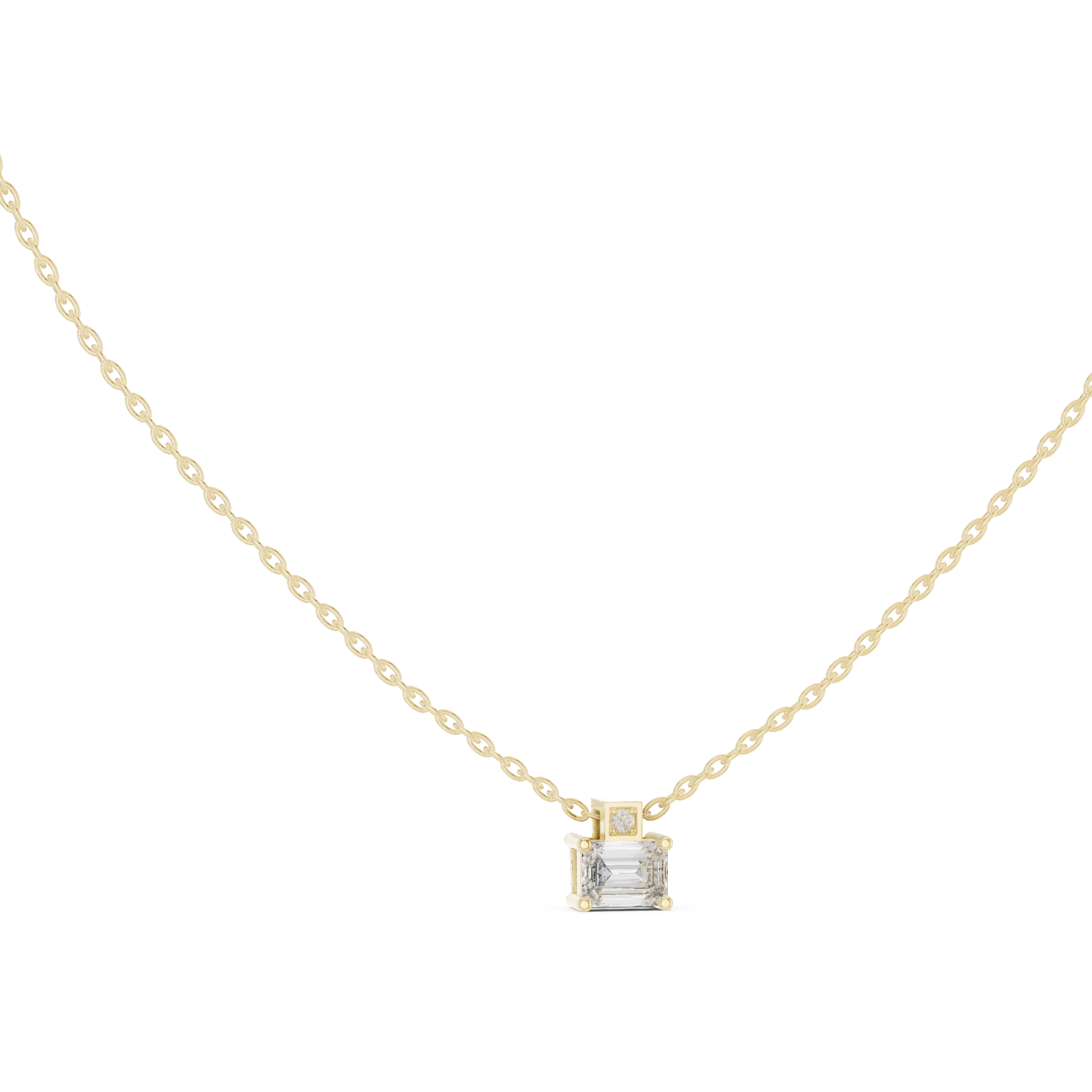 Elegant pendant necklace featuring radiant-cut gemstone centerpiece and polished chain.