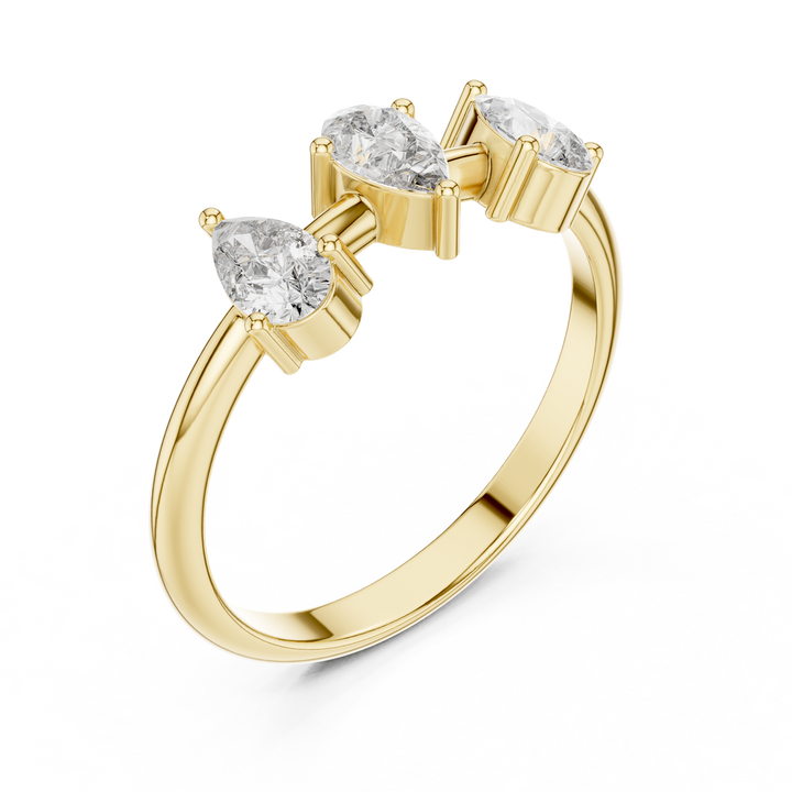 Pear Cut Diamond Three Stone Ring with Elegant Tapered Trio Design