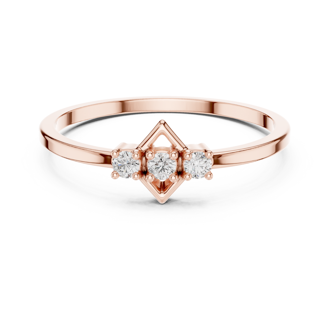 Round Cut Diamond Geometric Three Stone Ring with Diamond Frame