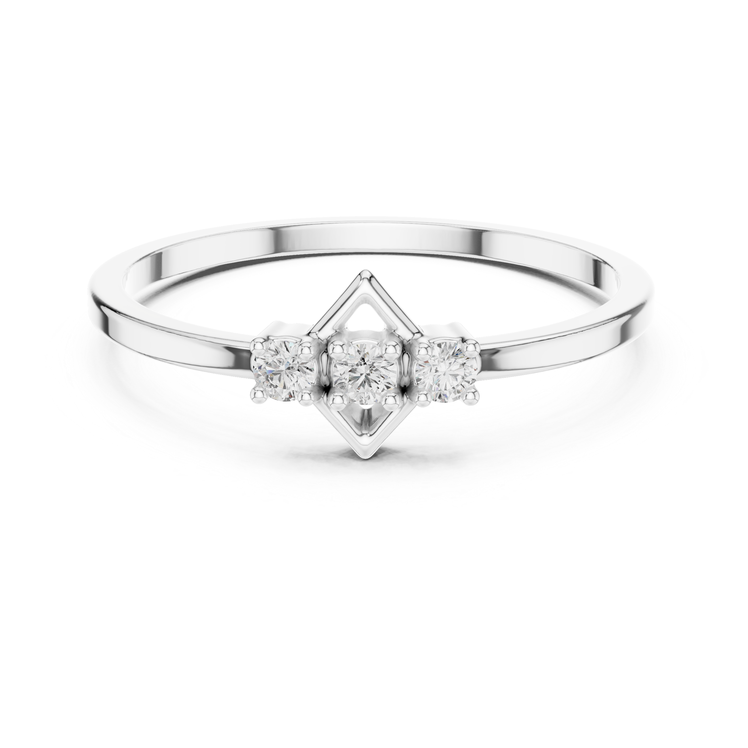 Round Cut Diamond Geometric Three Stone Ring with Diamond Frame
