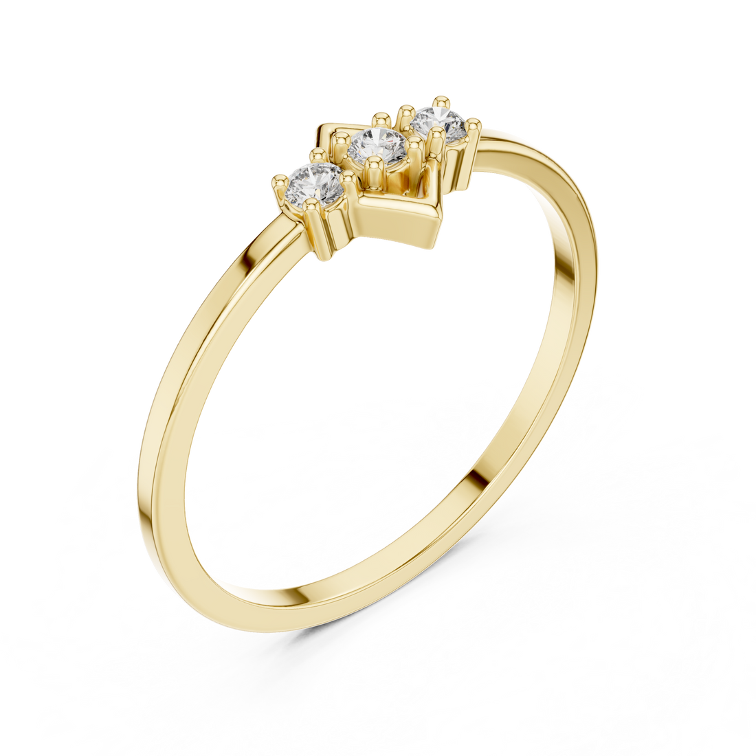 Round Cut Diamond Geometric Three Stone Ring with Diamond Frame