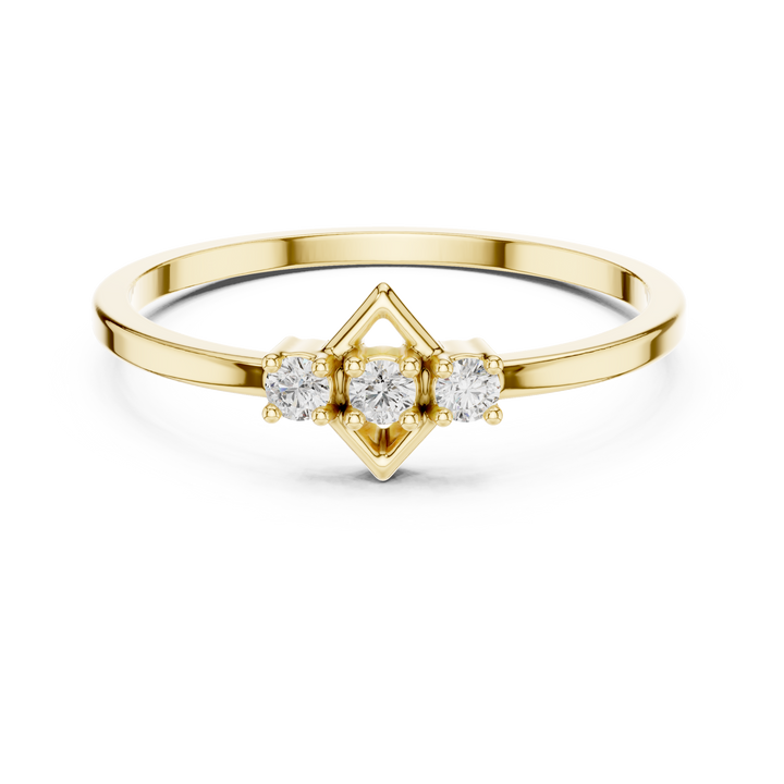 Round Cut Diamond Geometric Three Stone Ring with Diamond Frame