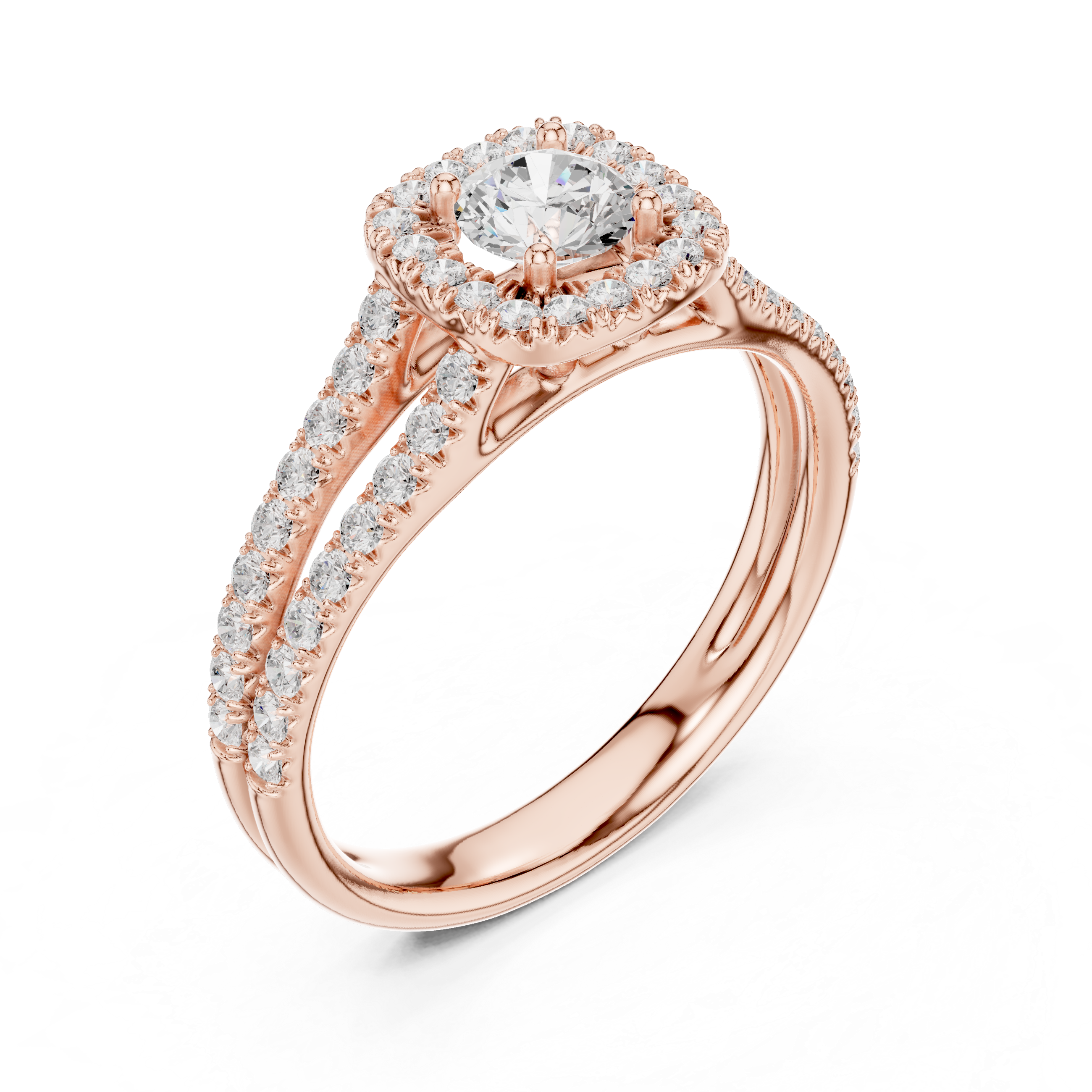 Round Brilliant Diamond Halo Engagement Ring with Split Shank Pavé Band
