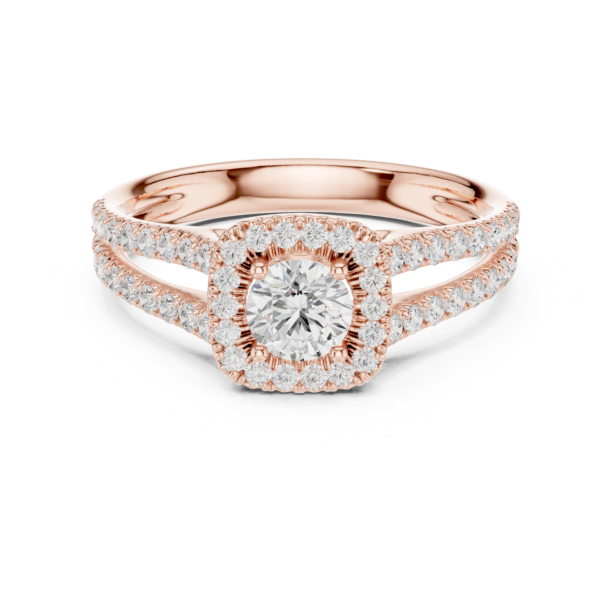 Round Brilliant Diamond Halo Engagement Ring with Split Shank Pavé Band