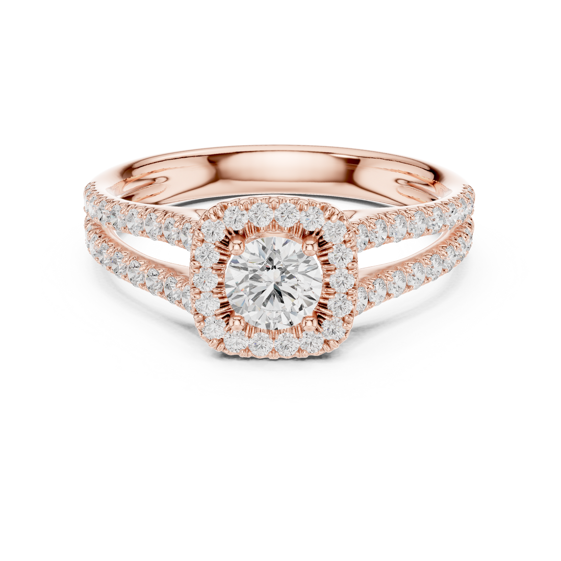 Round Brilliant Diamond Halo Engagement Ring with Split Shank Pavé Band