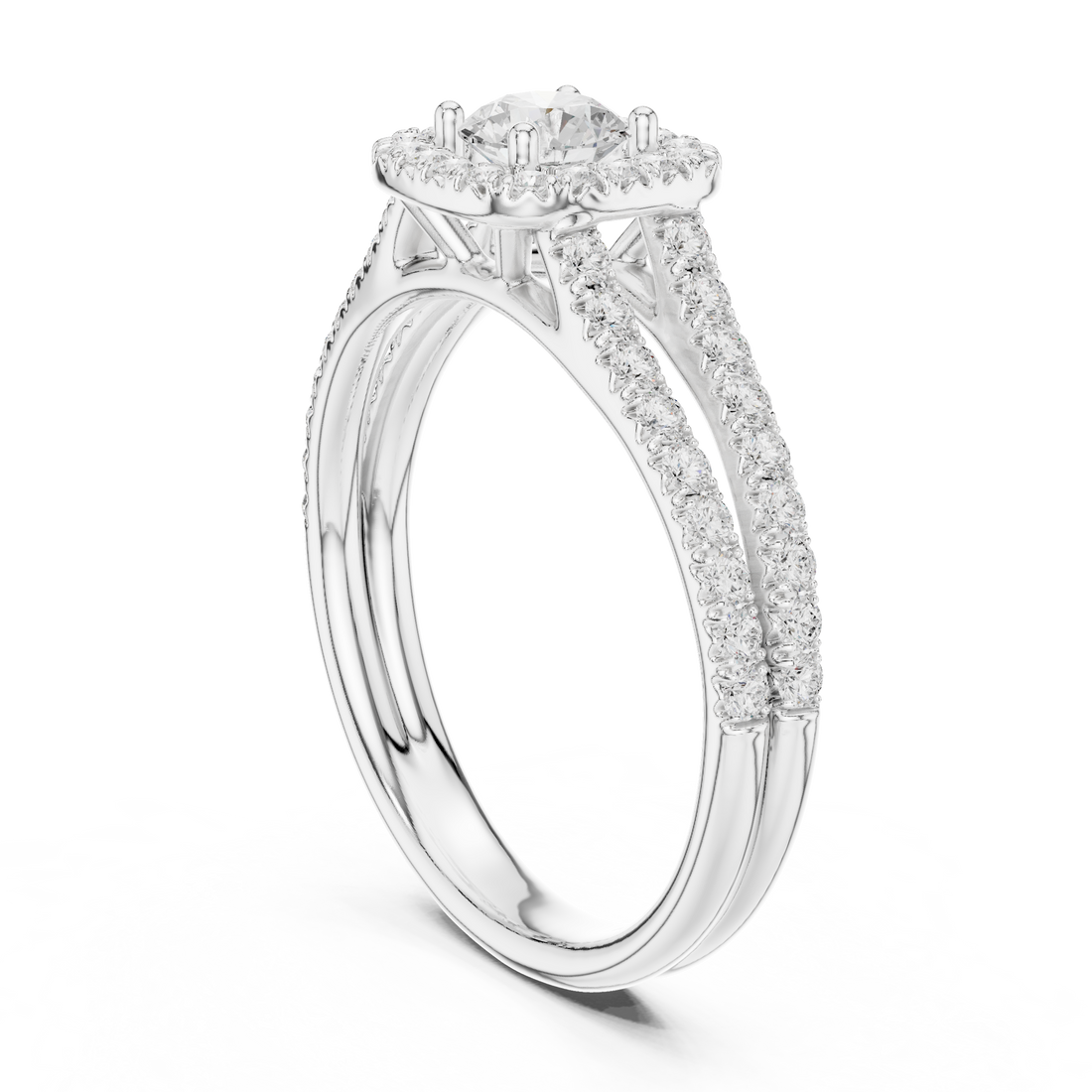 Round Brilliant Diamond Halo Engagement Ring with Split Shank Pavé Band