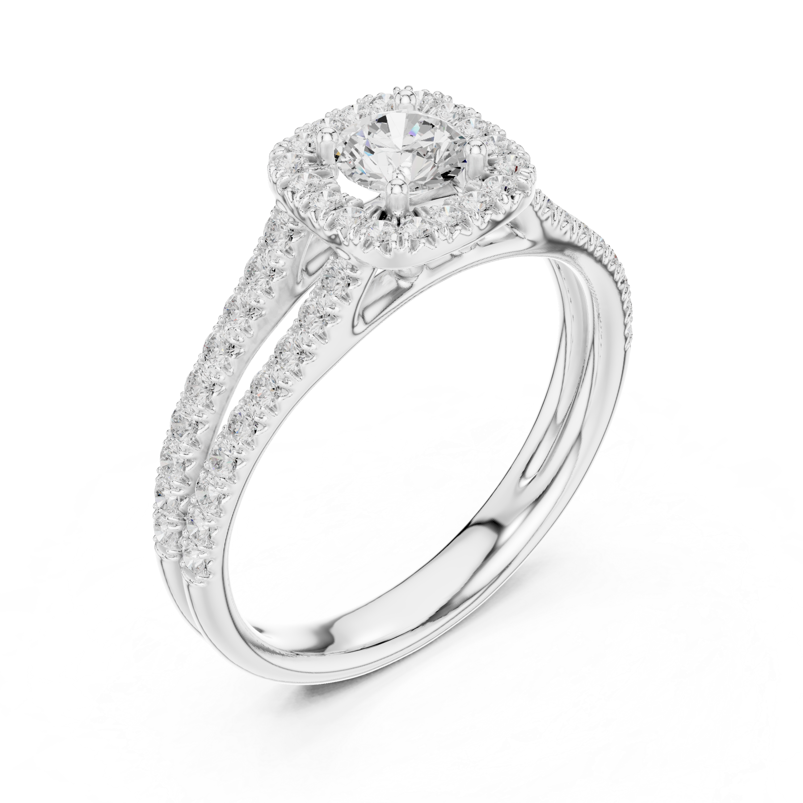 Round Brilliant Diamond Halo Engagement Ring with Split Shank Pavé Band