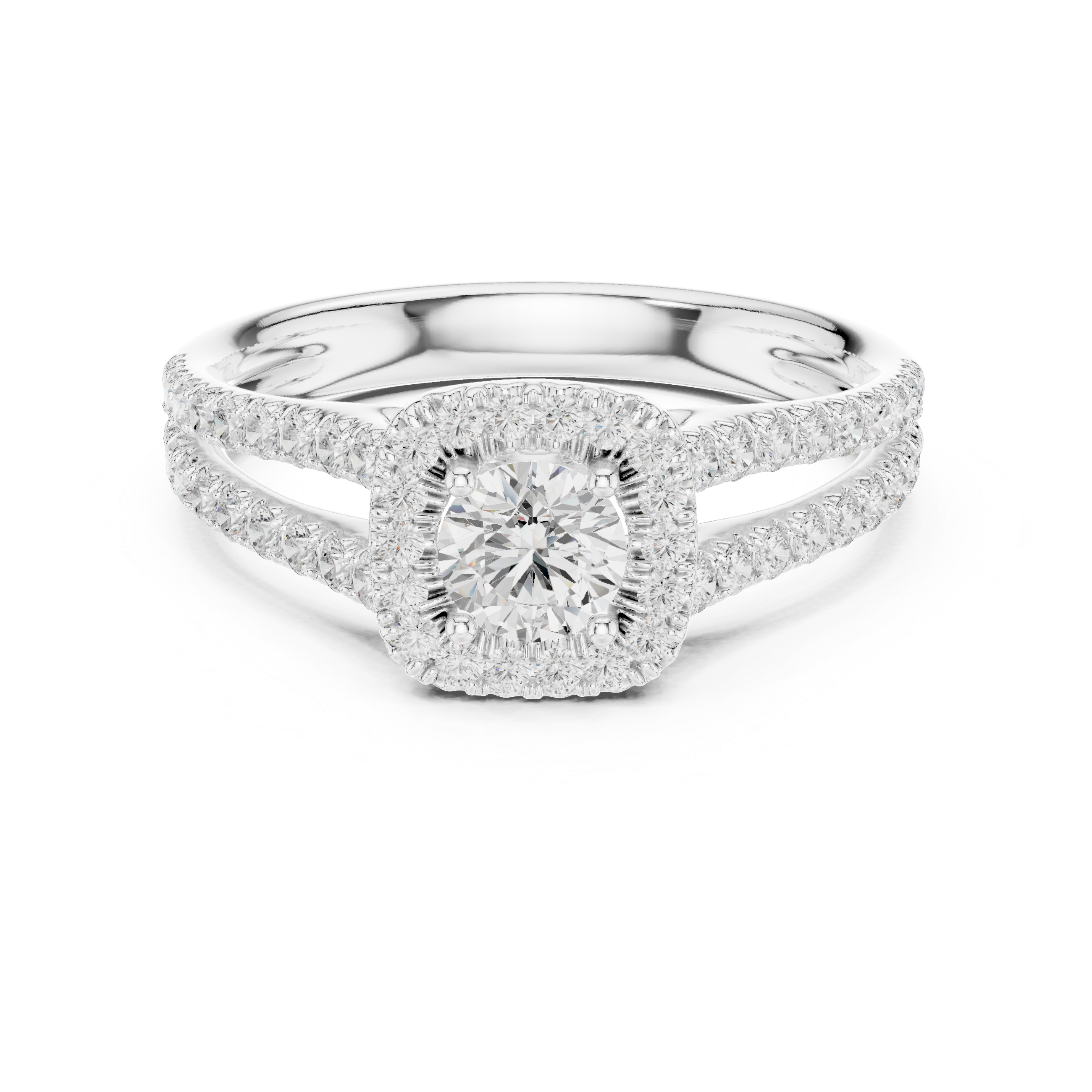 Round Brilliant Diamond Halo Engagement Ring with Split Shank Pavé Band