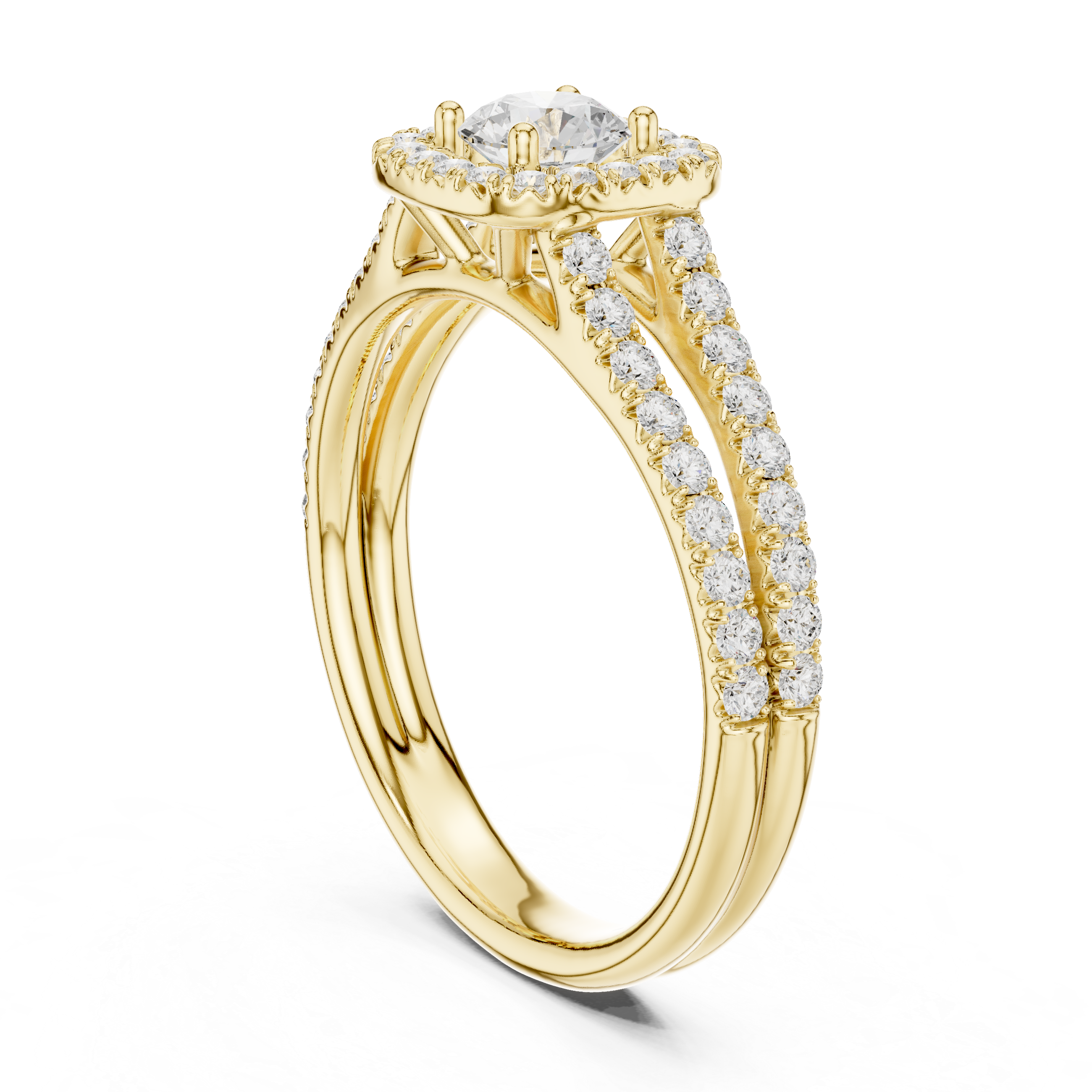 Round Brilliant Diamond Halo Engagement Ring with Split Shank Pavé Band