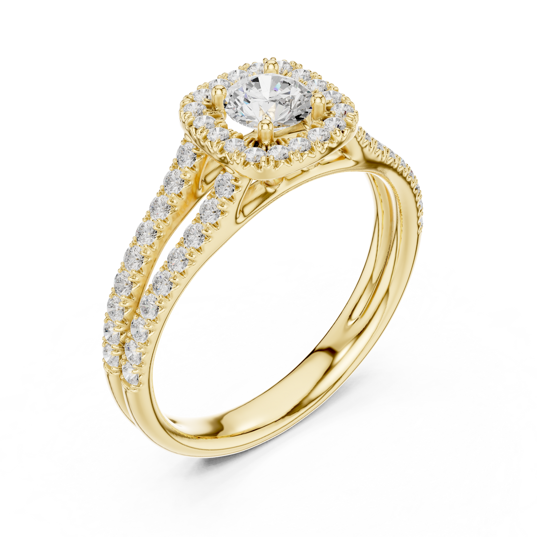 Round Brilliant Diamond Halo Engagement Ring with Split Shank Pavé Band