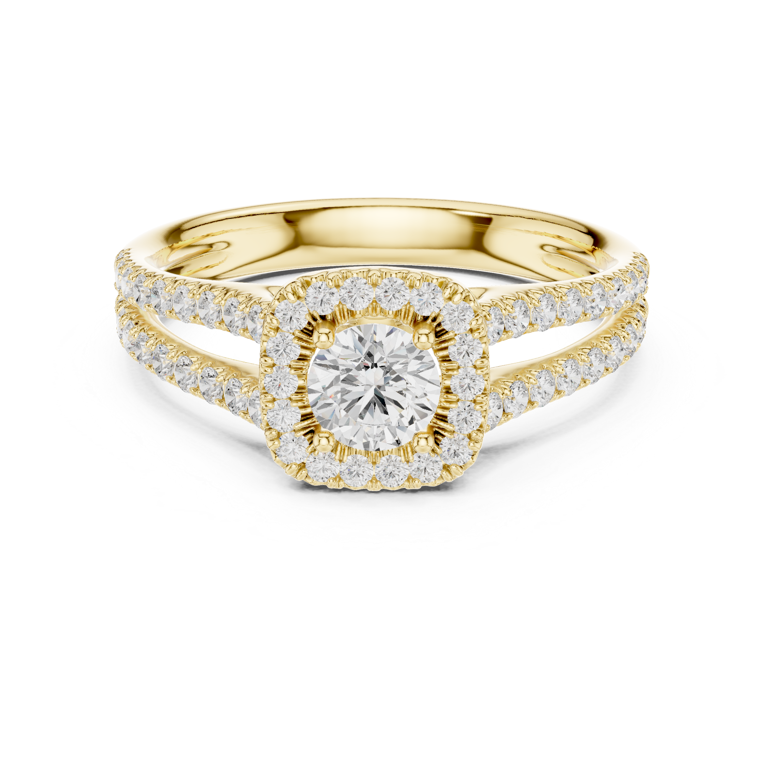 Round Brilliant Diamond Halo Engagement Ring with Split Shank Pavé Band