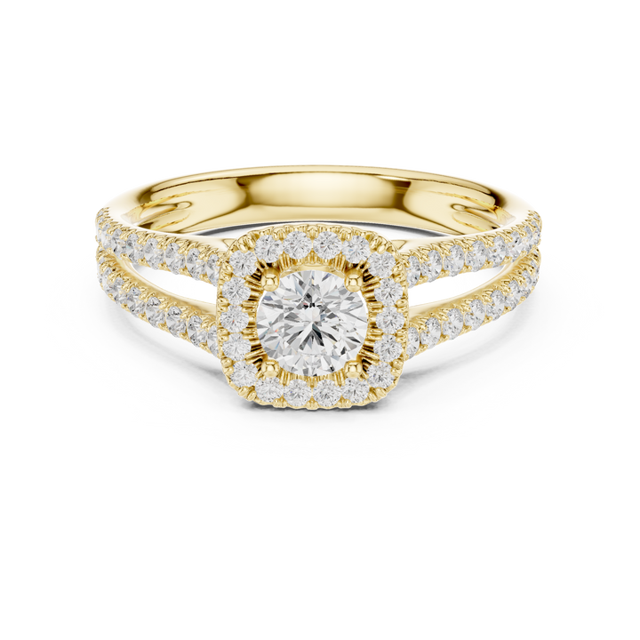 Round Brilliant Diamond Halo Engagement Ring with Split Shank Pavé Band