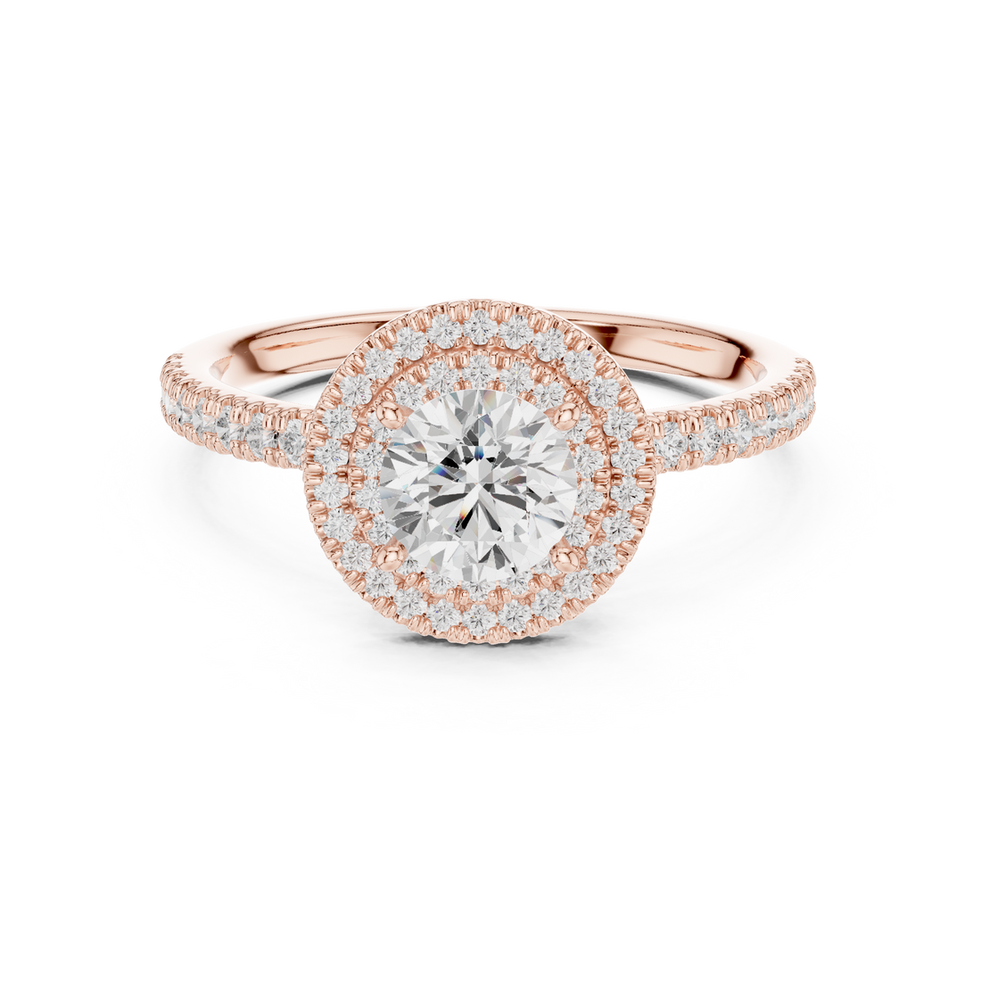 Round Diamond Halo Pavé Engagement Ring with Double Halo Brilliance