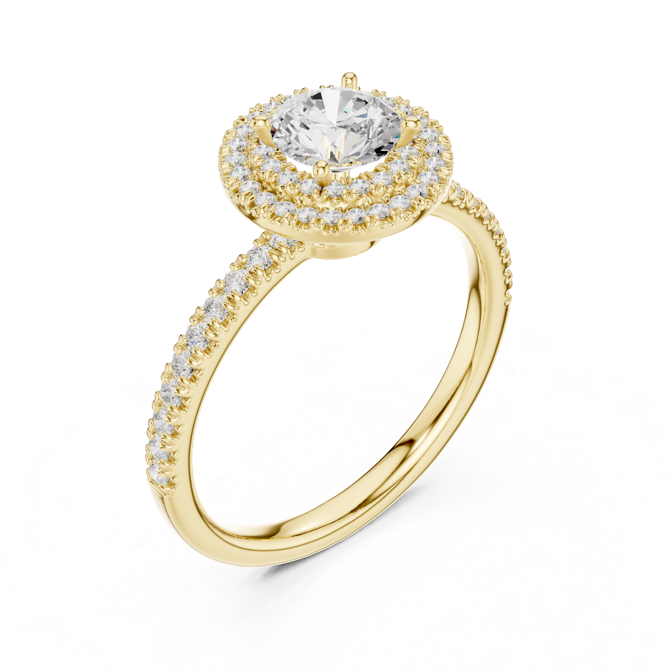 Round Diamond Halo Pavé Engagement Ring with Double Halo Brilliance