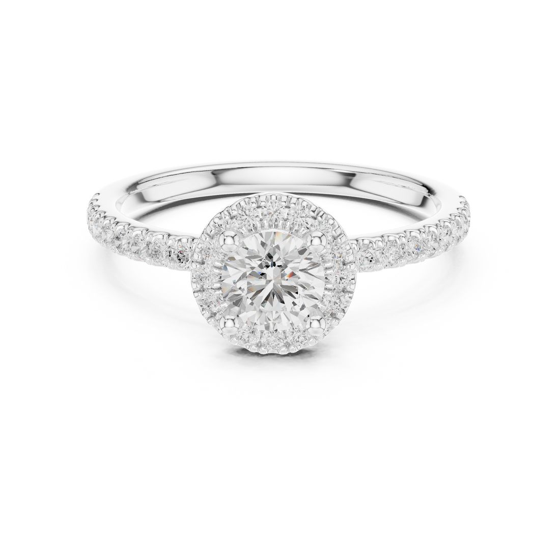 Round Brilliant Lab Diamond Halo Engagement Ring with Pavé Band