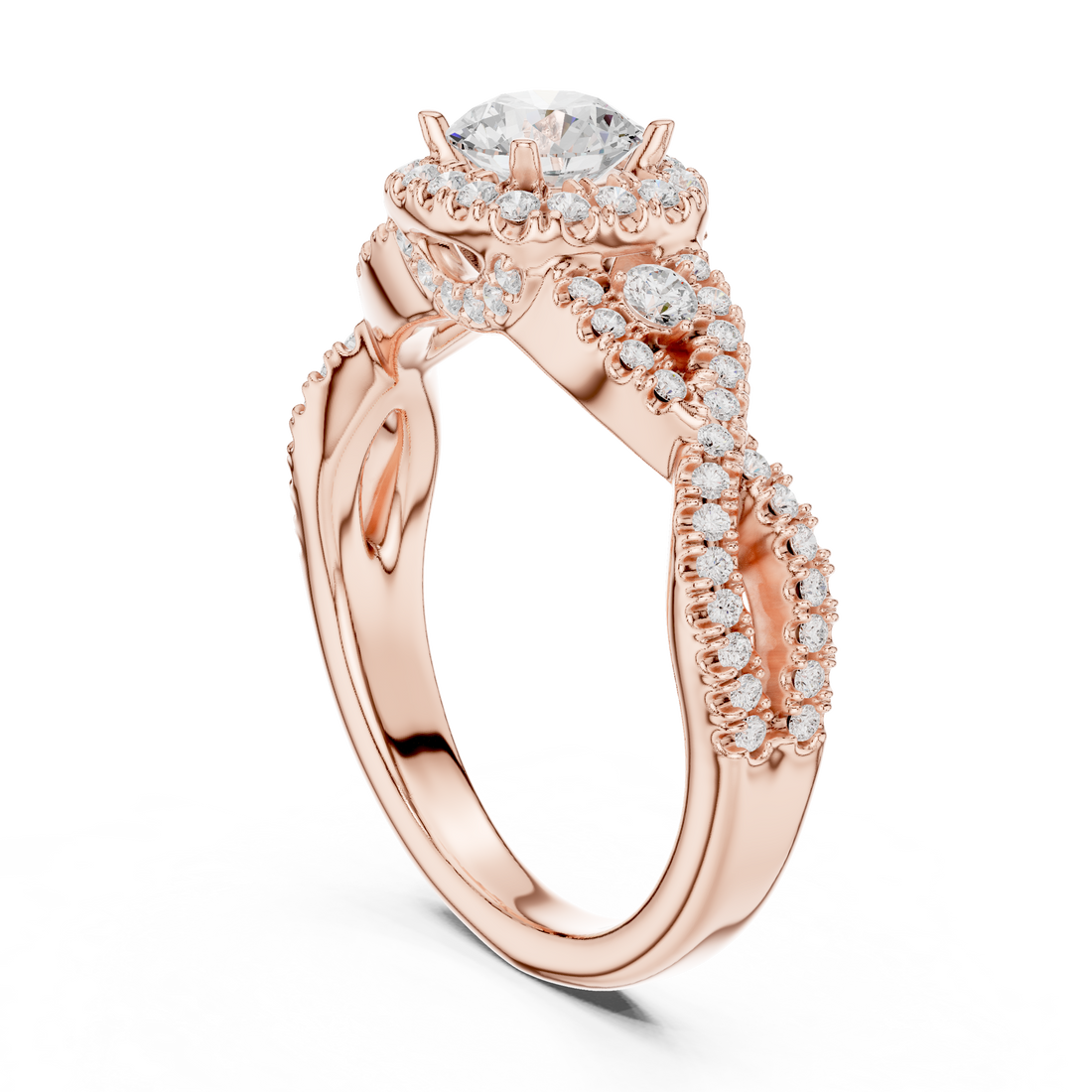 Round Brilliant Diamond Halo Twist Split Shank Engagement Ring with Pavé Accents