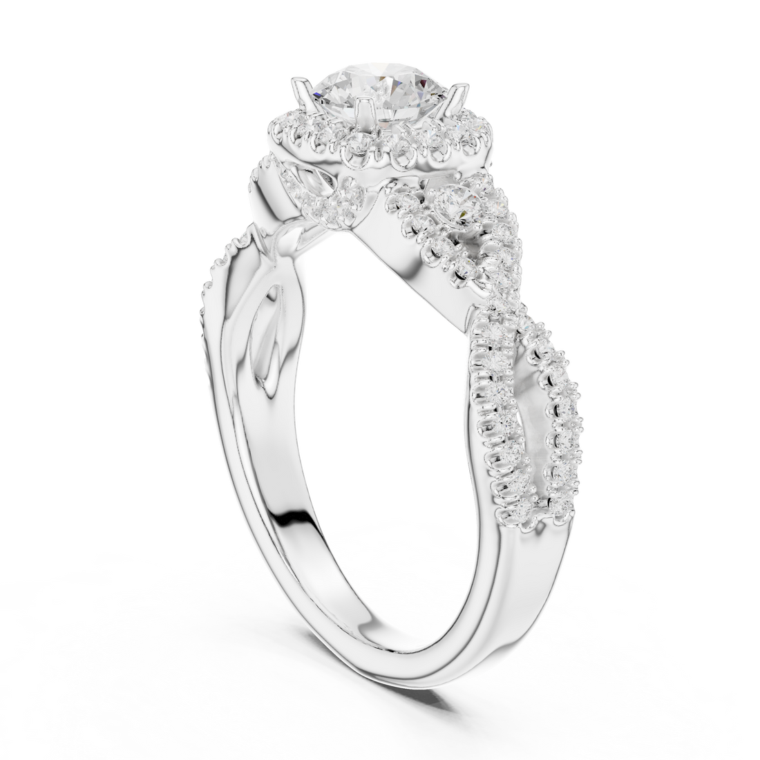 Round Brilliant Diamond Halo Twist Split Shank Engagement Ring with Pavé Accents