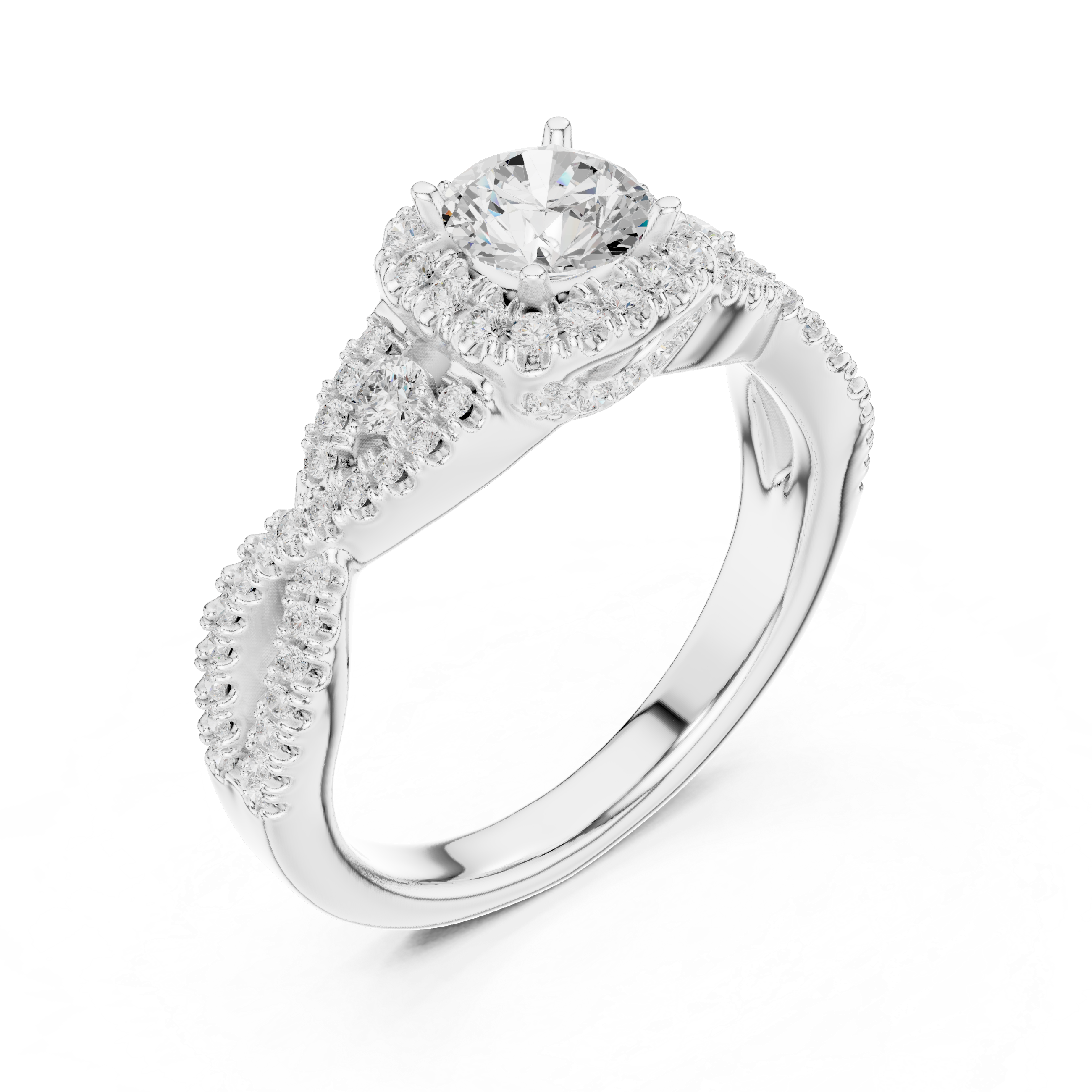 Round Brilliant Diamond Halo Twist Split Shank Engagement Ring with Pavé Accents