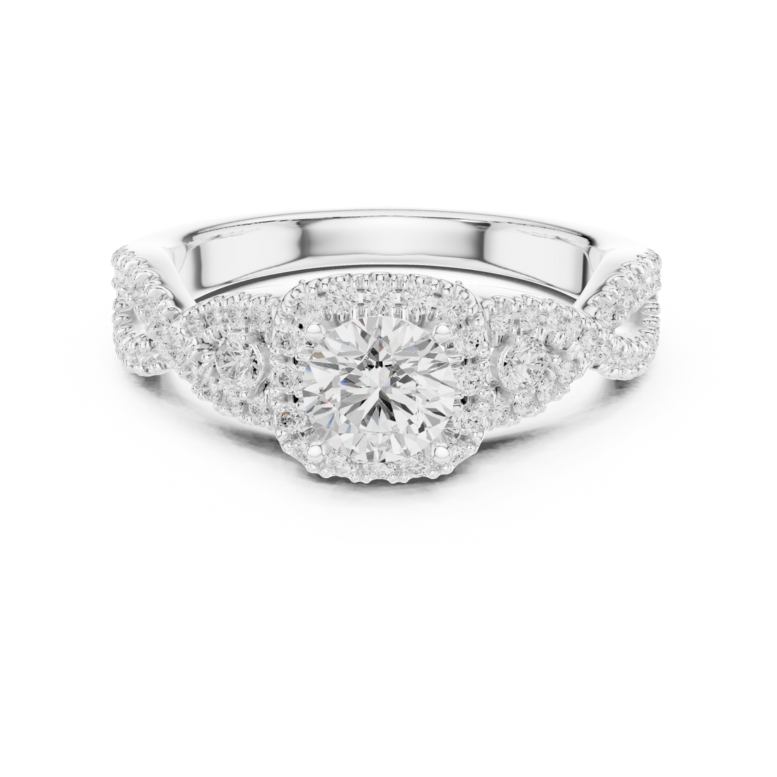 Round Brilliant Diamond Halo Twist Split Shank Engagement Ring with Pavé Accents