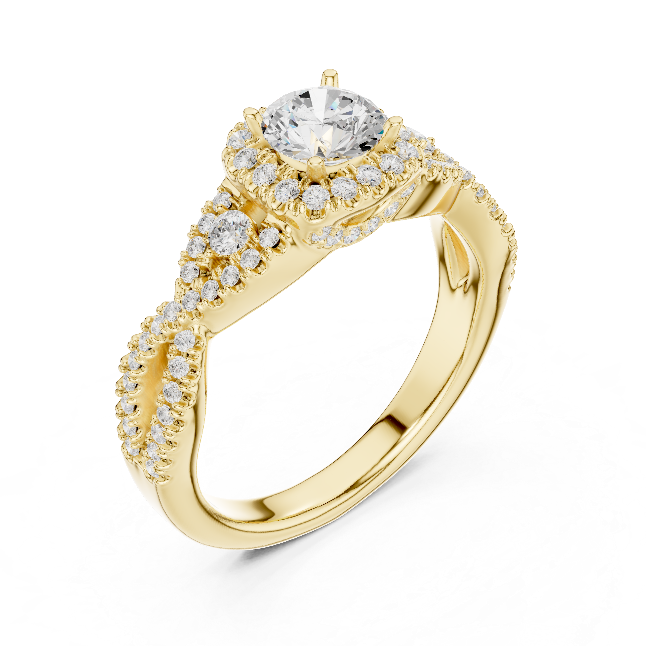 Round Brilliant Diamond Halo Twist Split Shank Engagement Ring with Pavé Accents