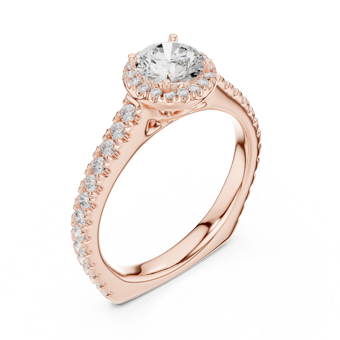Round Brilliant Diamond Halo Engagement Ring with Pavé Band