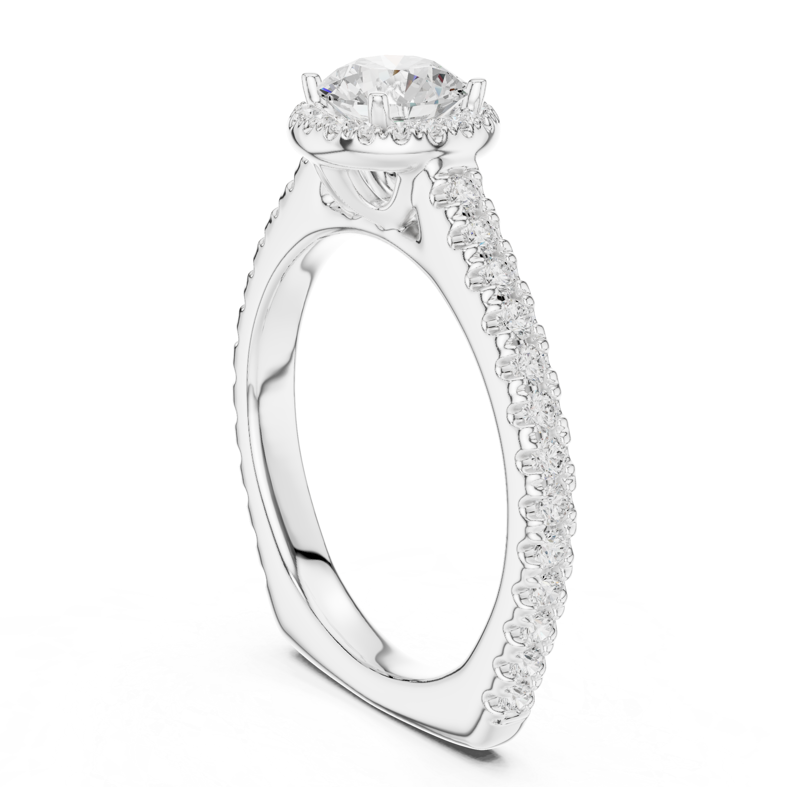 Round Brilliant Diamond Halo Engagement Ring with Pavé Band