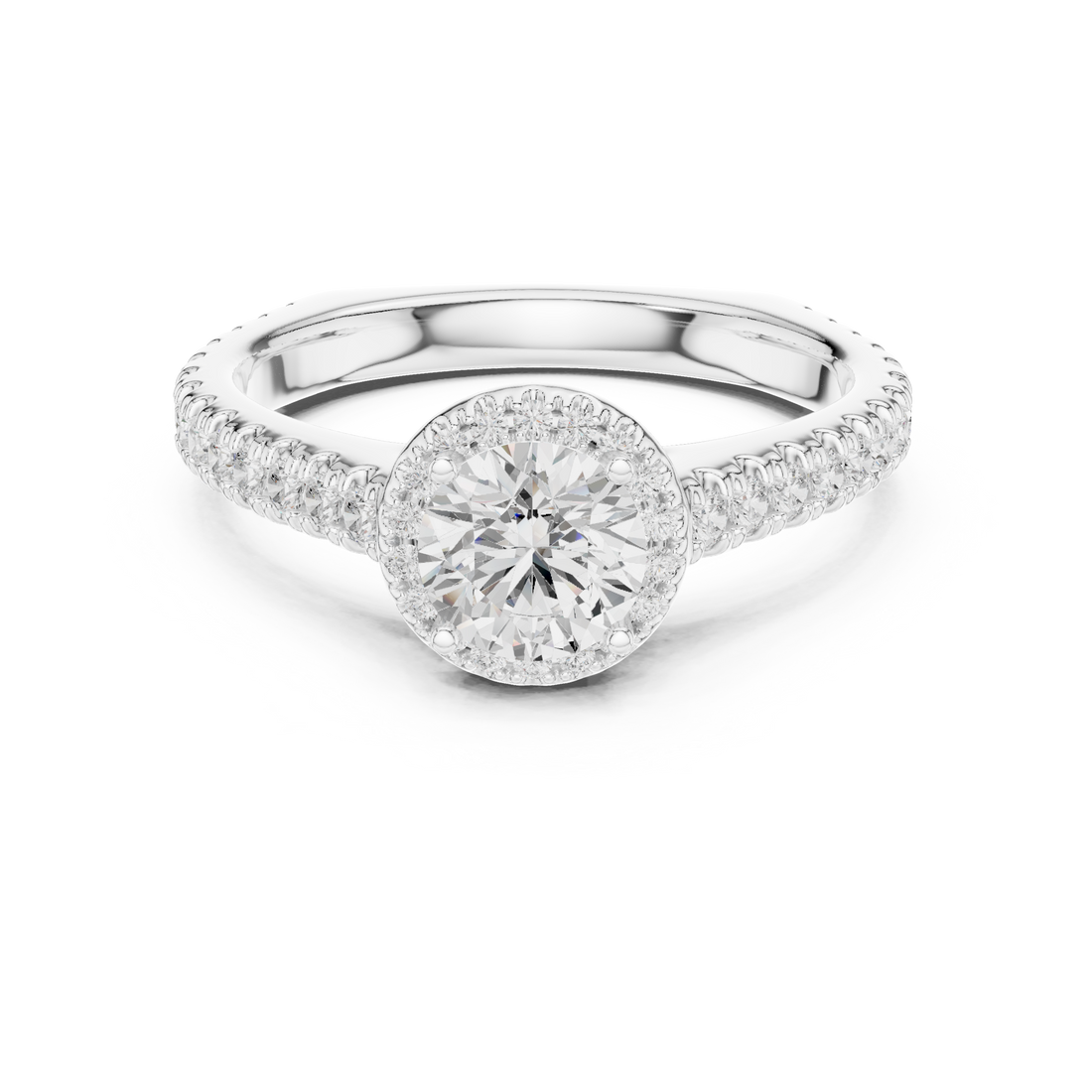 Round Brilliant Diamond Halo Engagement Ring with Pavé Band