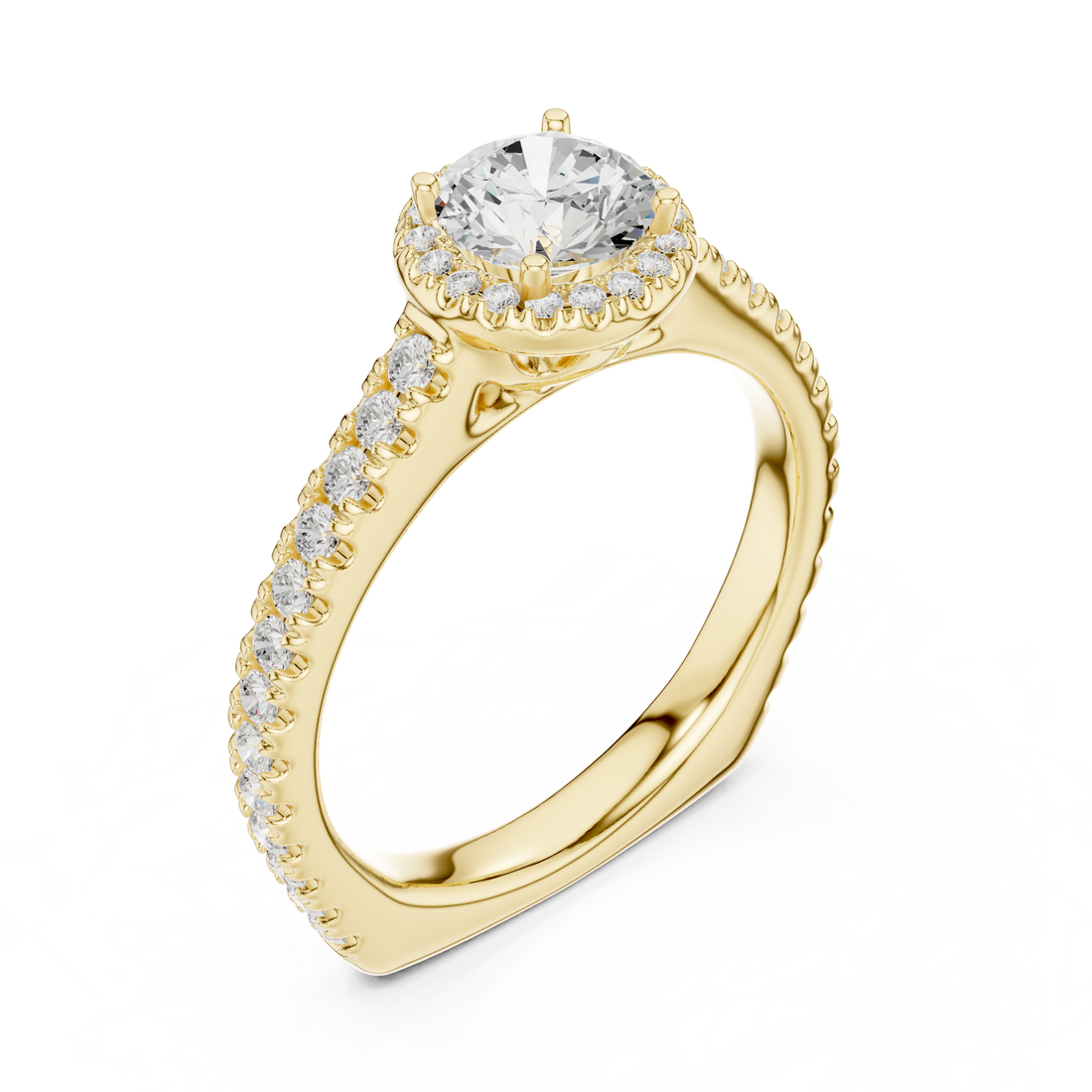 Round Brilliant Diamond Halo Engagement Ring with Pavé Band