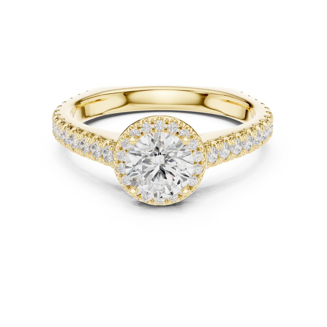 Round Brilliant Diamond Halo Engagement Ring with Pavé Band