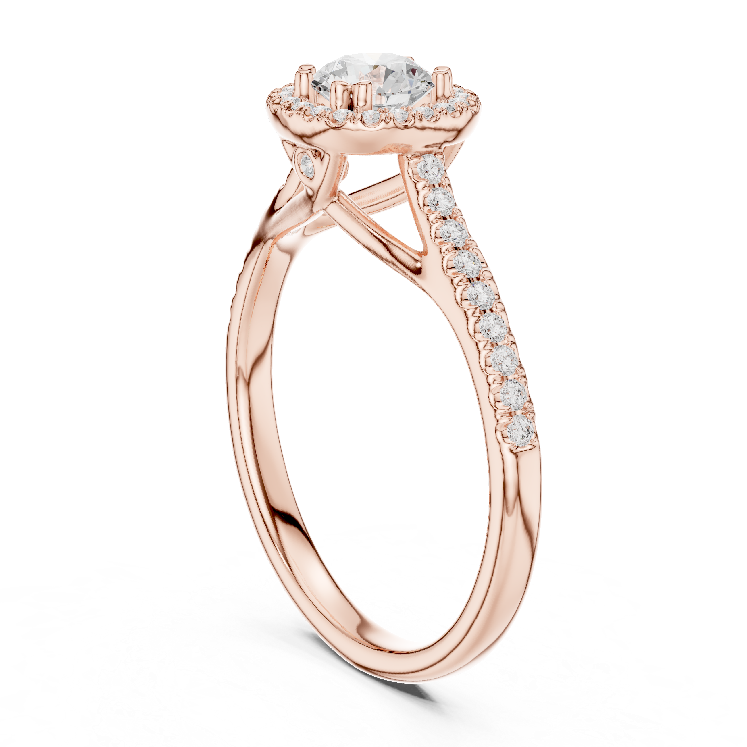 Round Brilliant Diamond Halo Engagement Ring with Pavé Shoulder Band