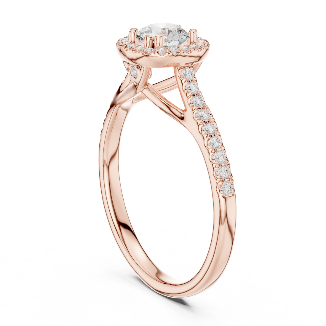 Round Brilliant Diamond Halo Engagement Ring with Pavé Shoulder Band