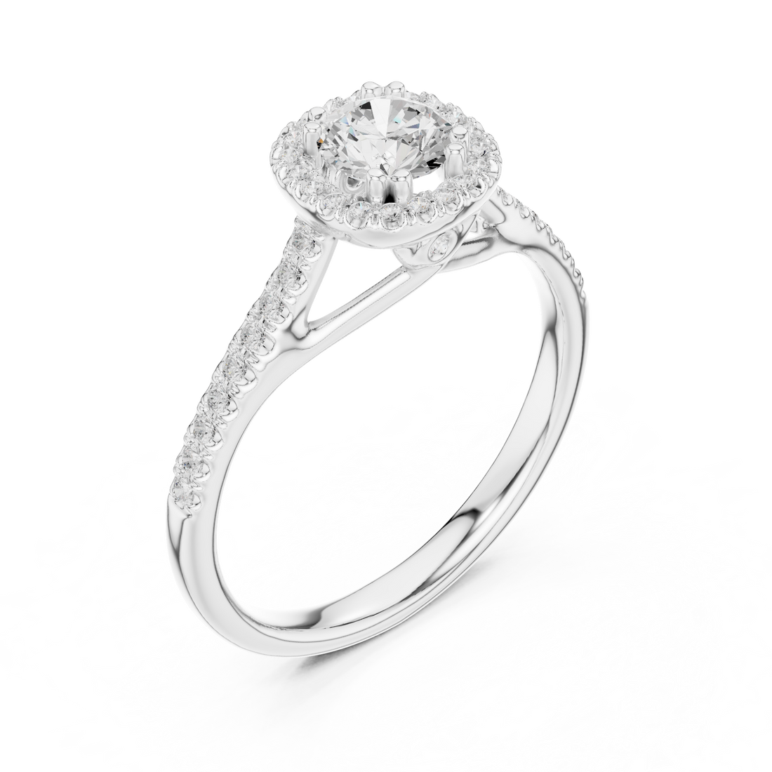 Round Brilliant Diamond Halo Engagement Ring with Pavé Shoulder Band
