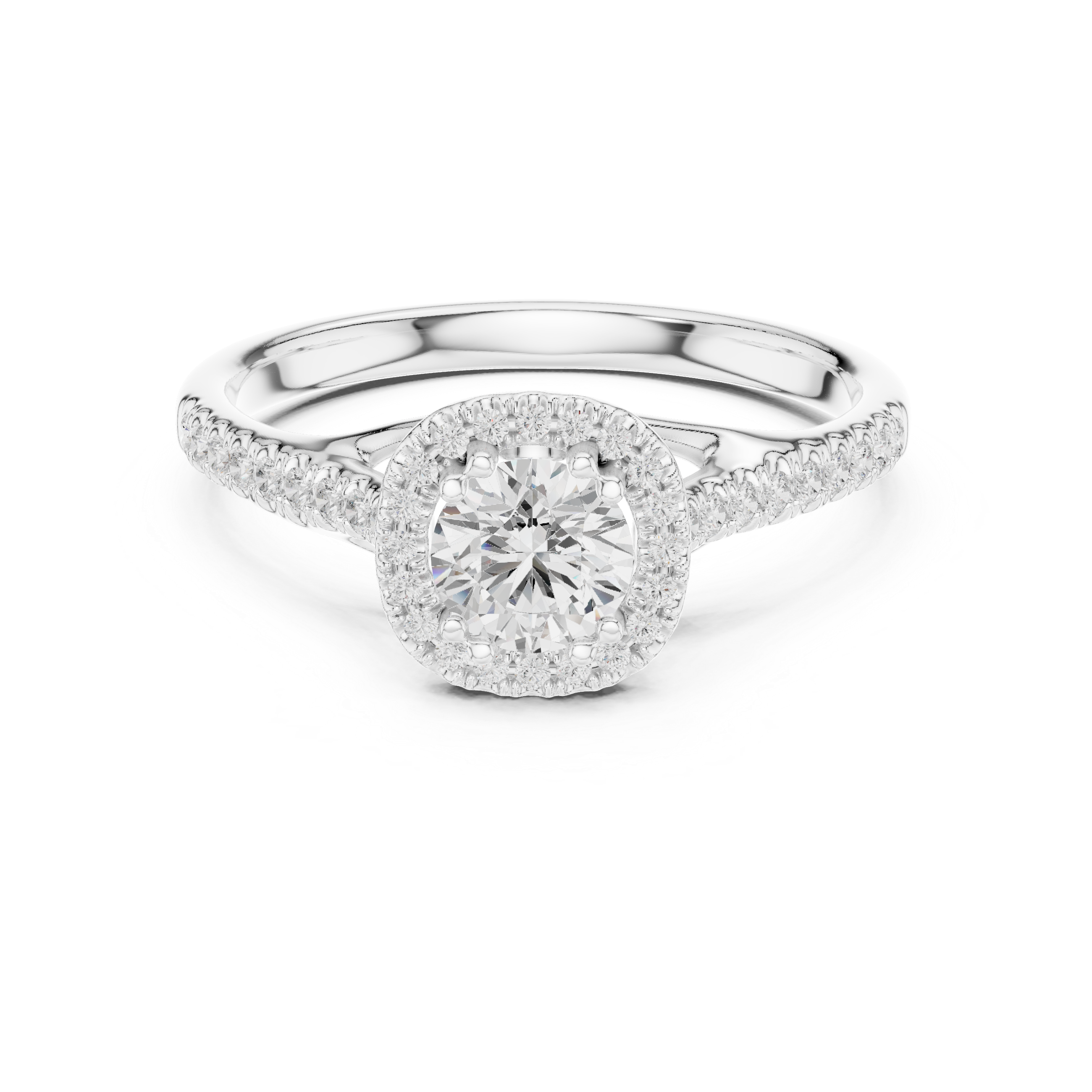 Round Brilliant Diamond Halo Engagement Ring with Pavé Shoulder Band