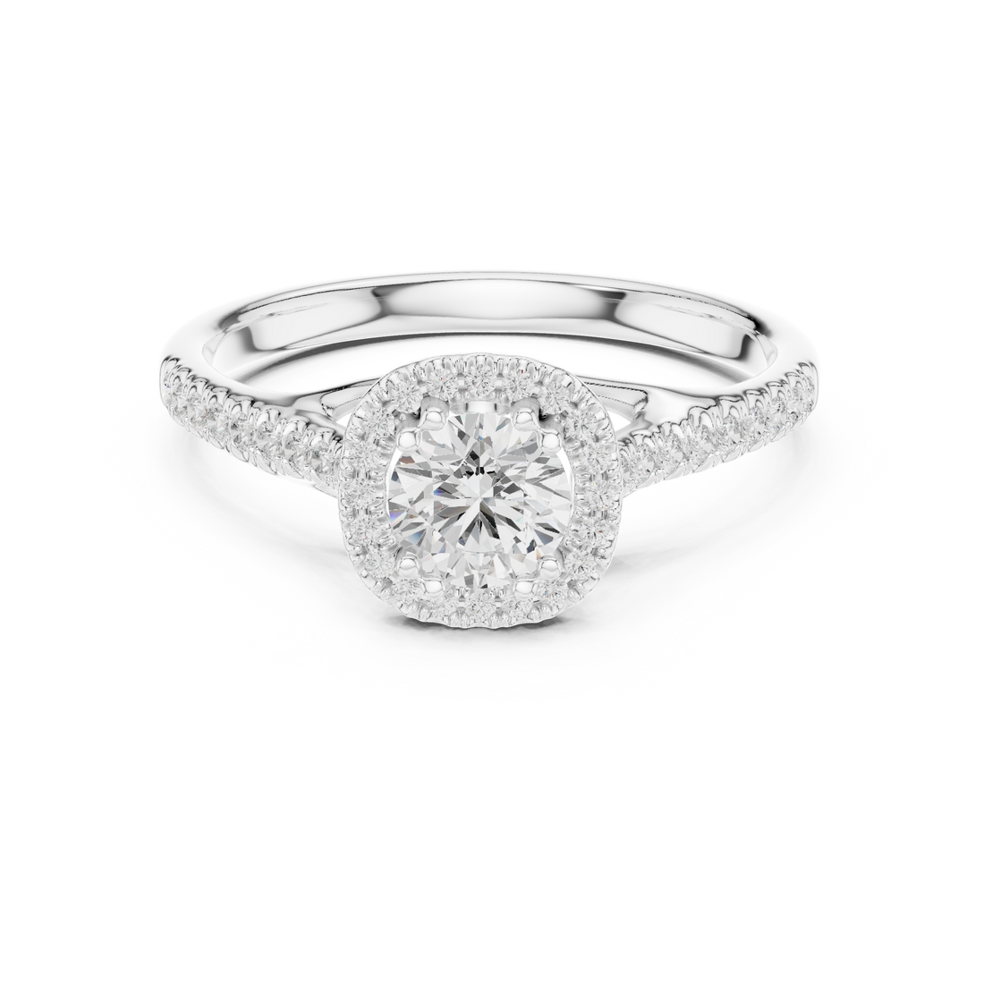 Round Brilliant Diamond Halo Engagement Ring with Pavé Shoulder Band