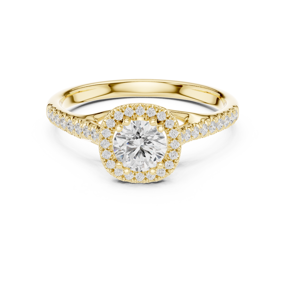 Round Brilliant Diamond Halo Engagement Ring with Pavé Shoulder Band