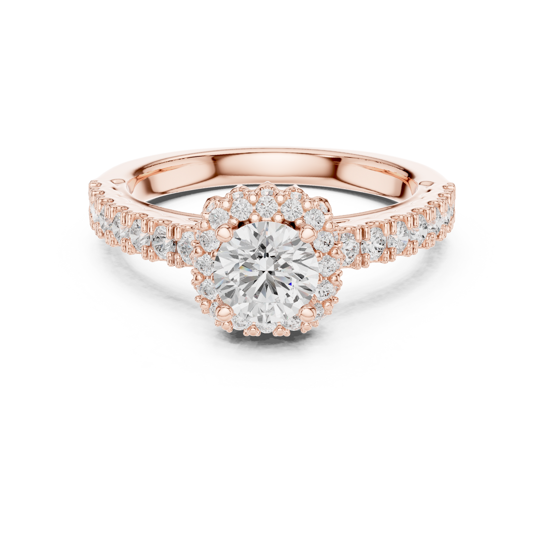 Round Brilliant Diamond Halo Engagement Ring with Pavé Side Stones Luxe Cluster