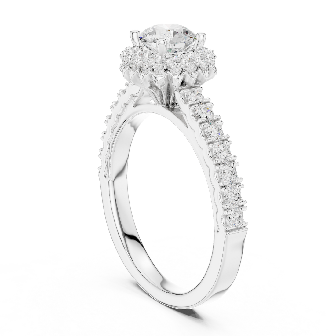 Round Brilliant Diamond Halo Engagement Ring with Pavé Side Stones Luxe Cluster